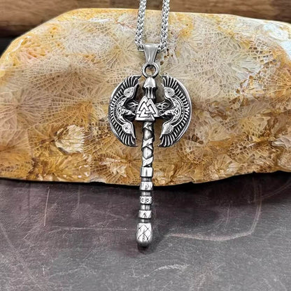 Viking Battle Axe Pendant Necklace | Odin's Ravens & Valknut