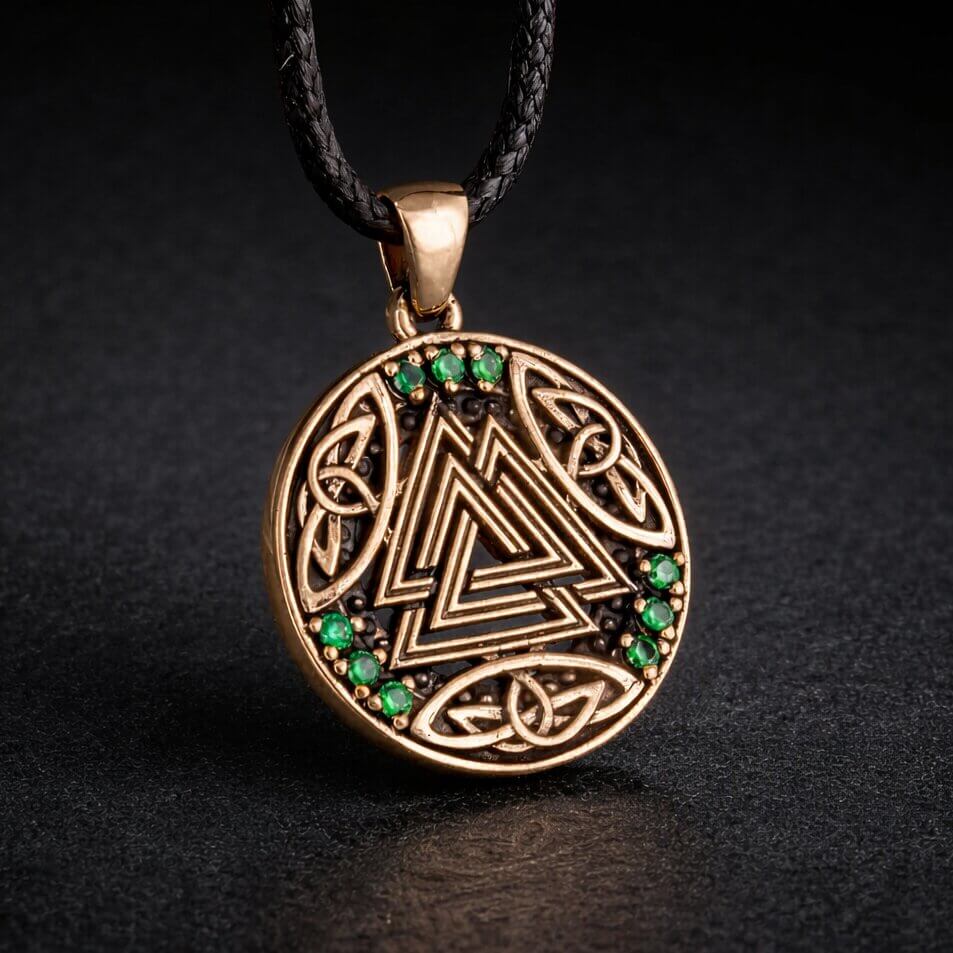 Viking bronze Valknut Celtic knot necklace with green gems on a black cord.