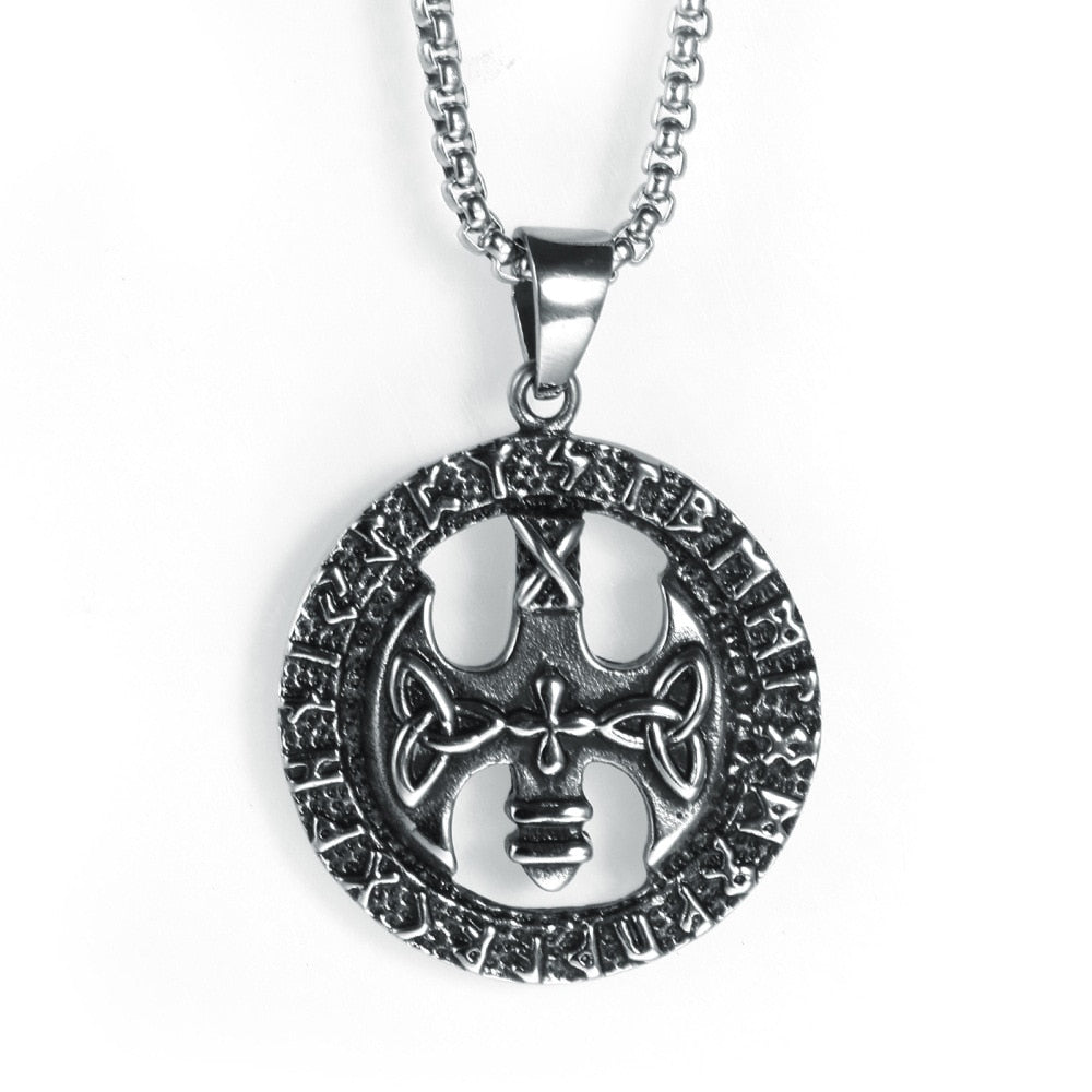 Viking Chain Necklace With Rune Axe Pendant-3