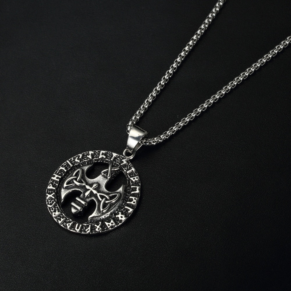 Viking Chain Necklace With Rune Axe Pendant-5