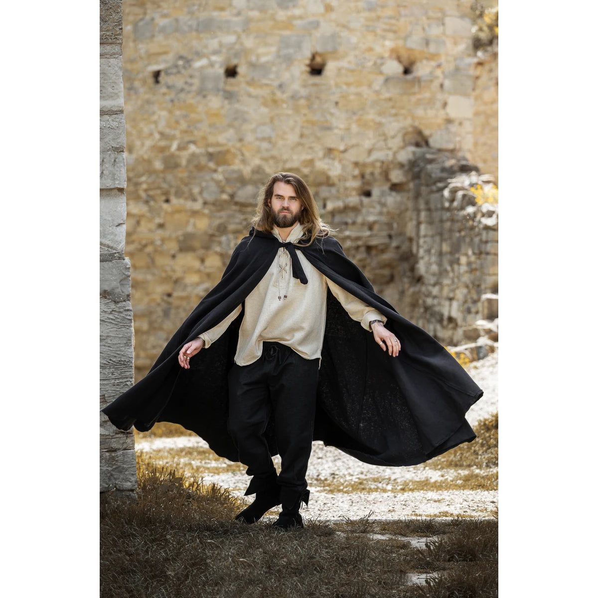 Long Wool Hooded Viking Cloak | Front Tie Closure