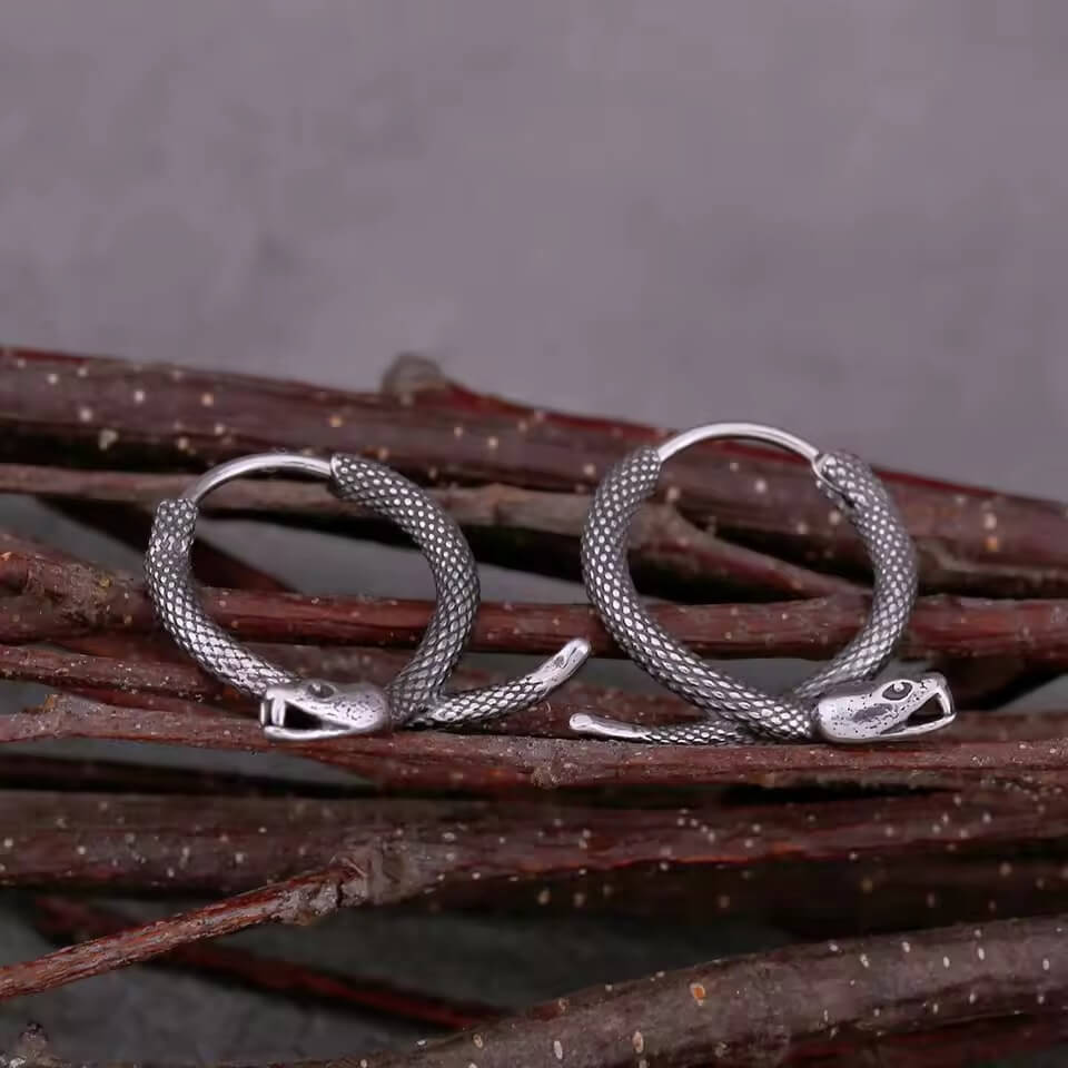 Viking Coiled Serpent Hoop Earrings | Antiqued Finish