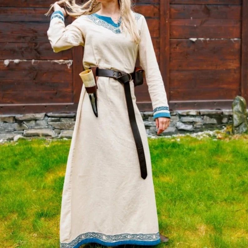 Viking Dress in Natural Cotton with Blue Trim