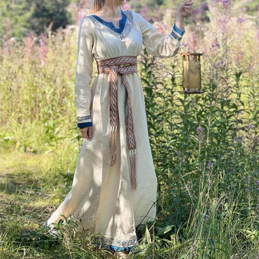 Viking Dress in Natural Cotton with Blue Trim Viking Dress in Natural Cotton with Blue Trim