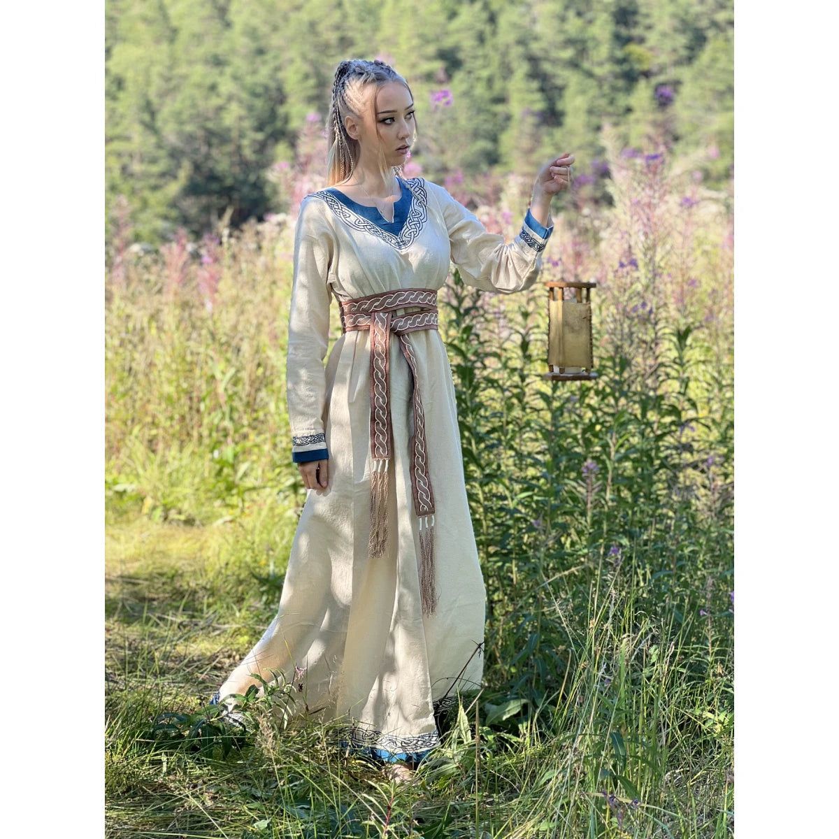 Viking Dress in Natural Cotton with Blue Trim for Women 