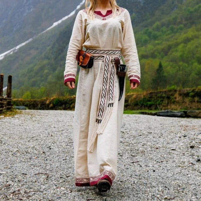 Viking Dress in Natural with Red Trim - Embody The Spirit of The Vikings Large Viking Dress in Natural with Red Trim - Embody The Spirit of The Vikings Large