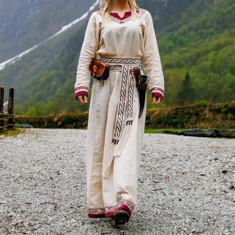 Viking Dress in Natural with Red Trim - Embody the Spirit of the Vikings