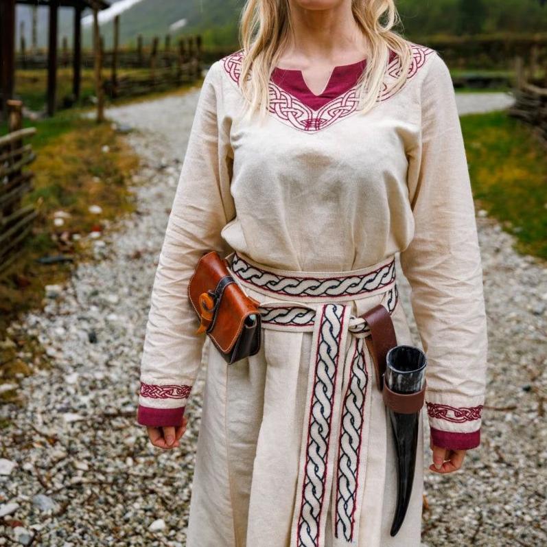 Viking Dress in Natural with Red Trim - Embody the Spirit of the Vikings