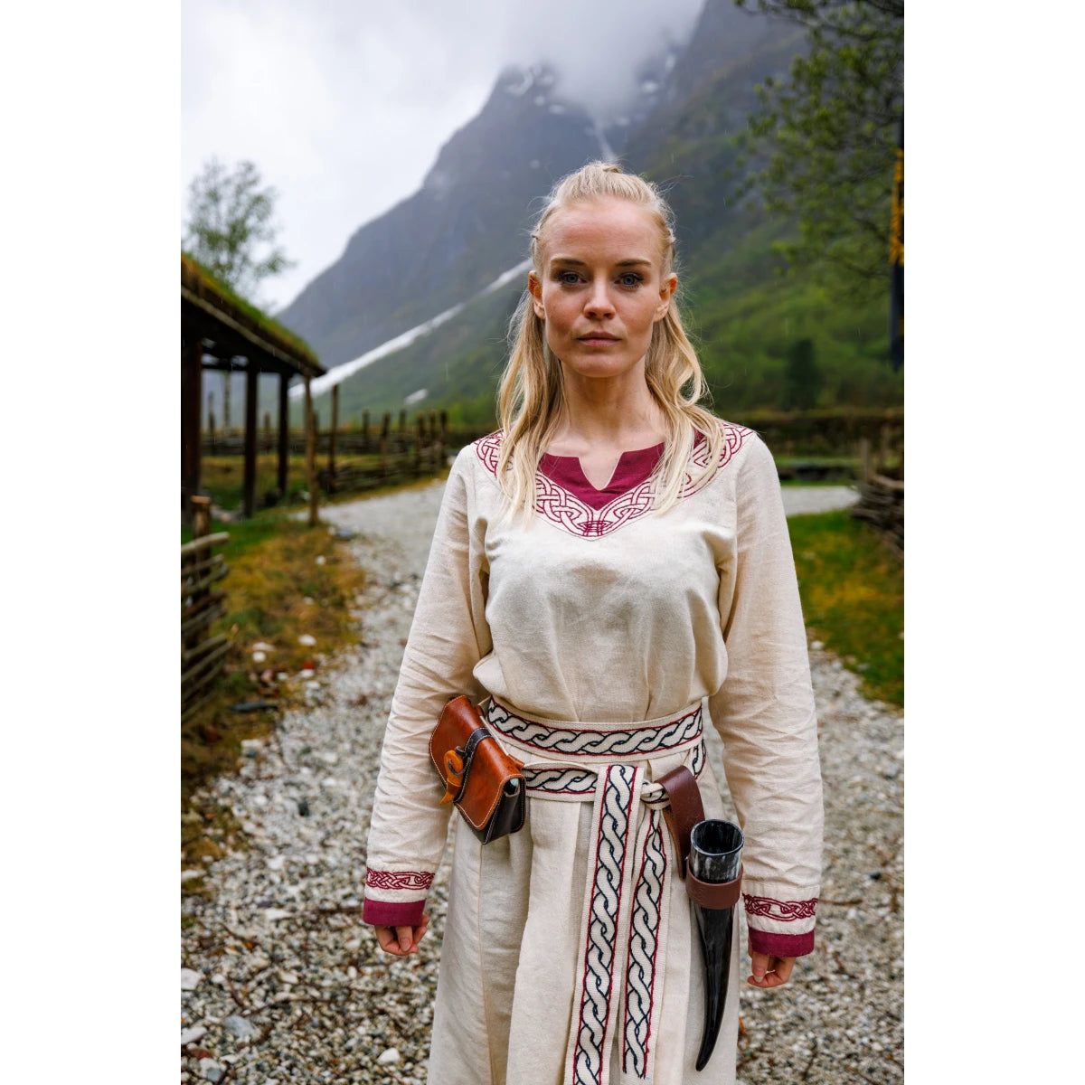 Viking Dress in Natural with Red Trim - Embody the Spirit of the Vikings