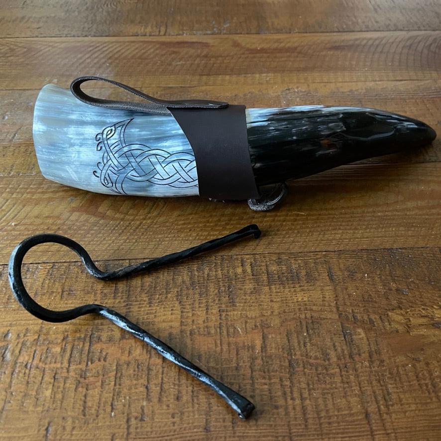 Viking Drinking Horn with Belt Loop and Iron Stand - Odin's Ravens Design-3-Viking Warrior