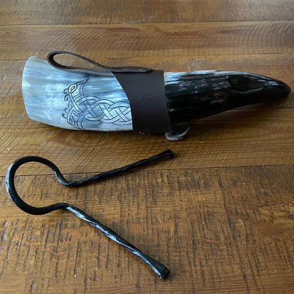Viking Drinking Horn with Belt Loop and Iron Stand - Odin's Ravens Design-3-Viking Warrior
