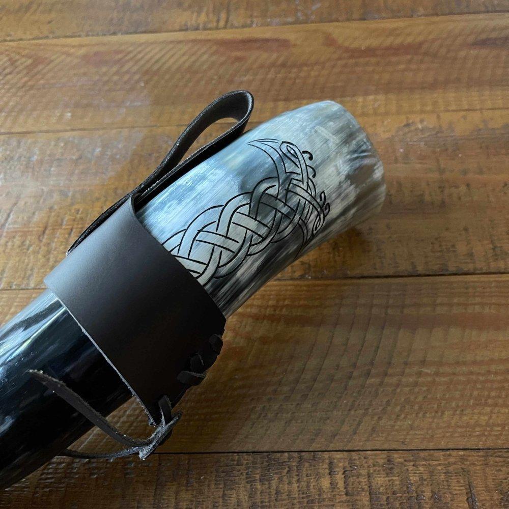 Viking Drinking Horn with Belt Loop and Iron Stand - Odin's Ravens Design-6-Viking Warrior