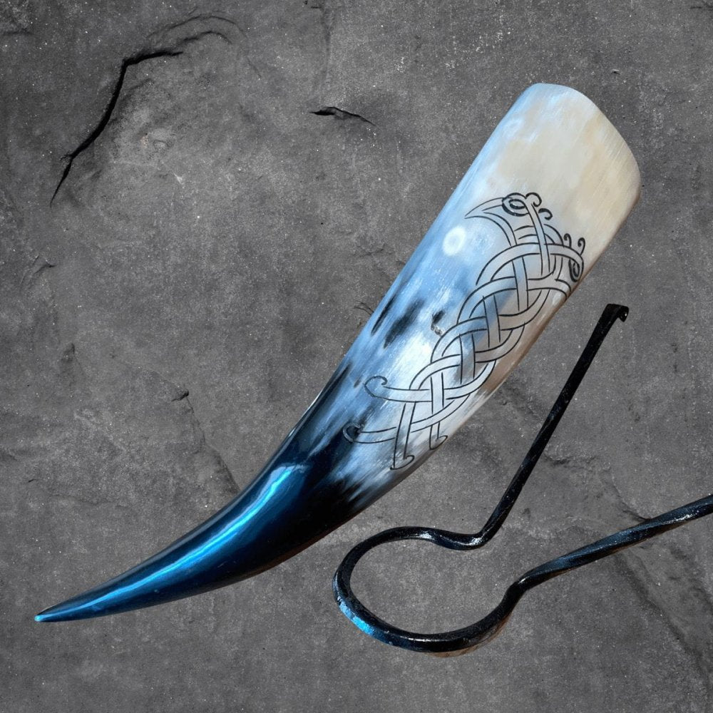 Viking Drinking Horn with Belt Loop and Iron Stand - Odin's Ravens Design-7-Viking Warrior