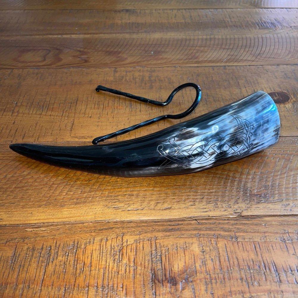 Viking Drinking Horn with Belt Loop and Iron Stand - Odin's Ravens Design-8-Viking Warrior
