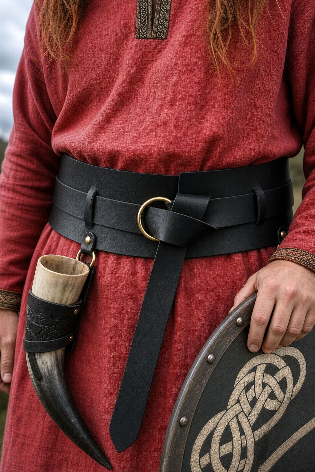 A close-up of a viking a wide black leather Viking-style belt with a brass buckle, tied around a rust-red linen tunic. A horn-shaped pouch hangs from the belt, and a hand holds a round shield with a Celtic knot design.