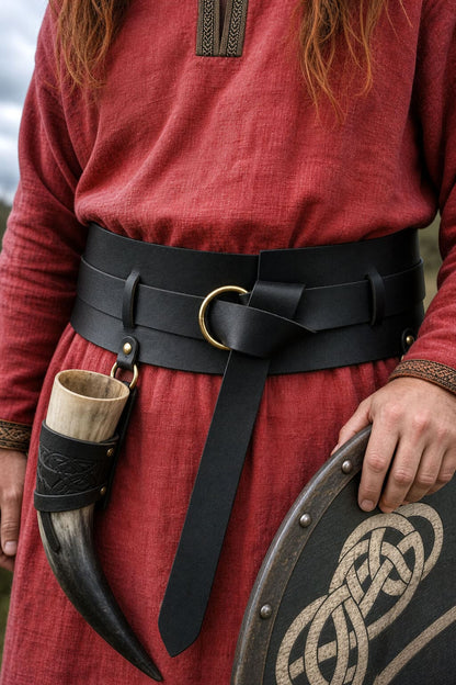 A close-up of a viking a wide black leather Viking-style belt with a brass buckle, tied around a rust-red linen tunic. A horn-shaped pouch hangs from the belt, and a hand holds a round shield with a Celtic knot design.