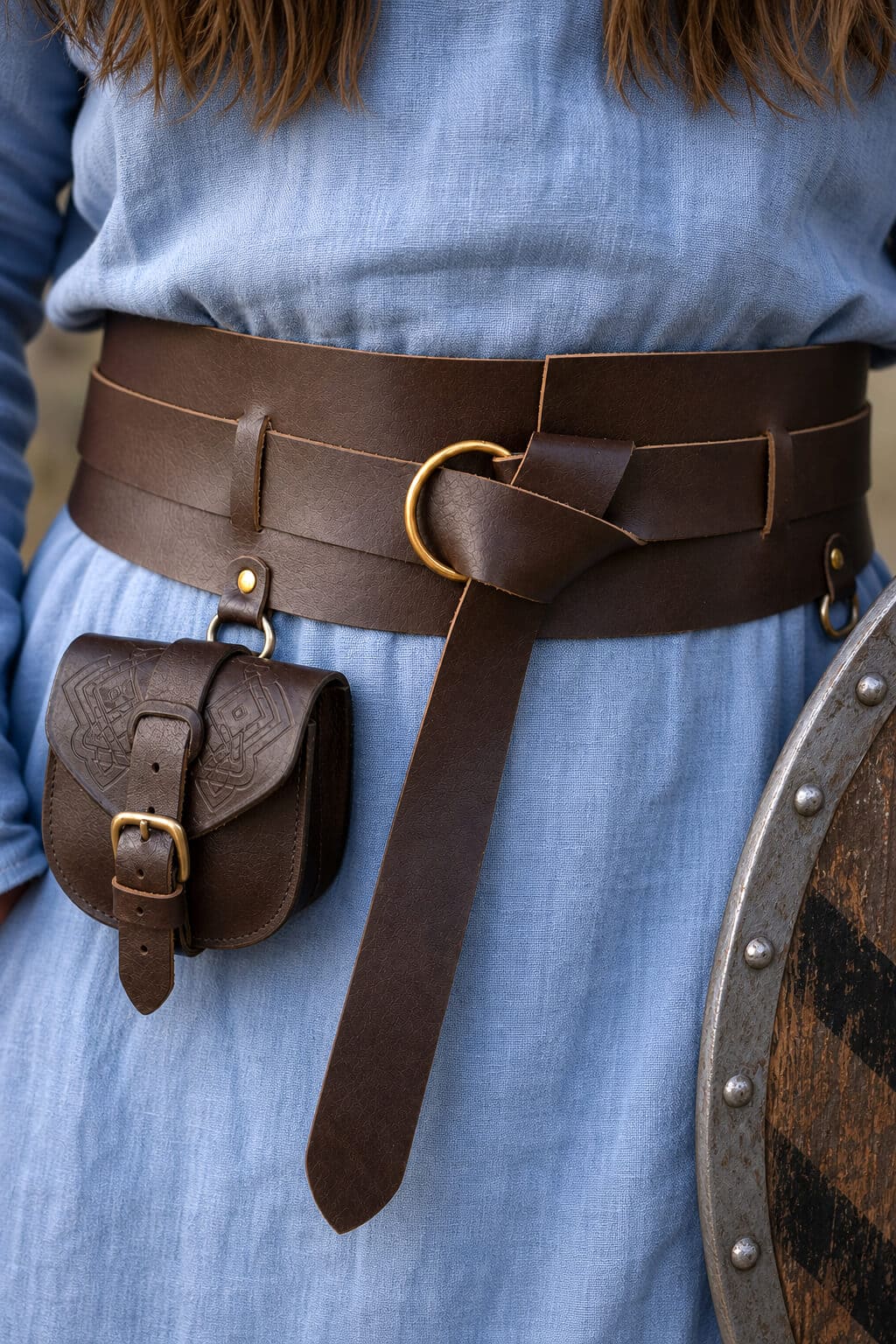 A close-up of a viking wearing a wide brown leather belt with a small matching brown leather pouch hanging from it, over a light blue dress. A round shield is partially visible on the right.