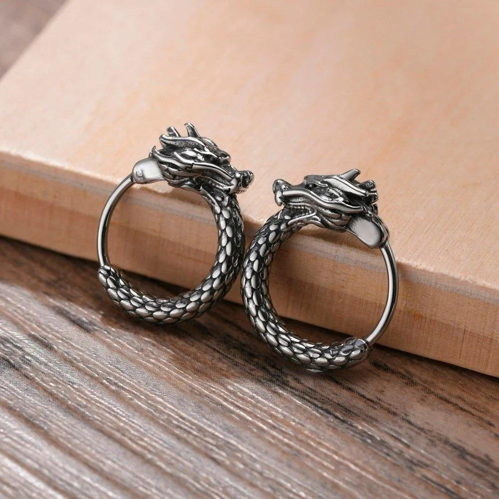 Viking Earrings for Men - Dragon Jewelry Hoops-4