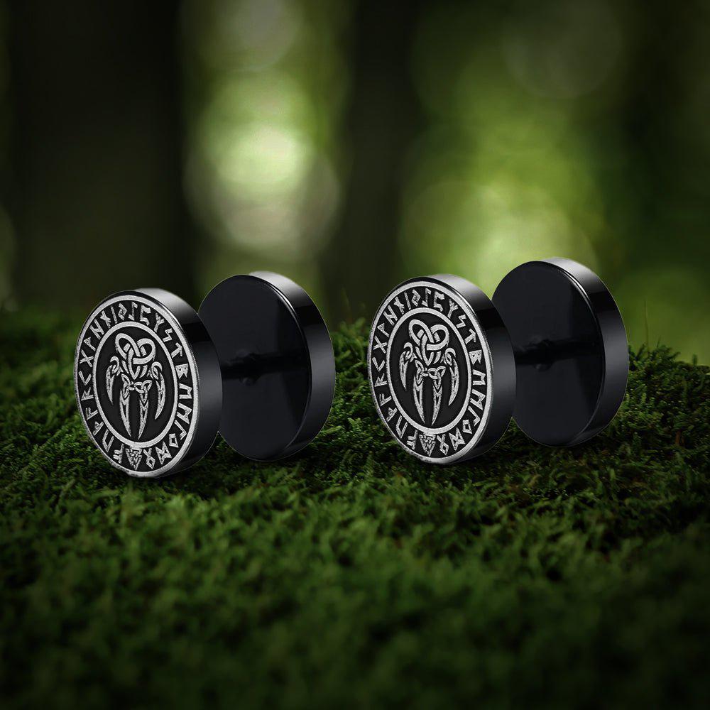 Viking Earrings with Norse Bear Claw Symbol - Black Studs-1