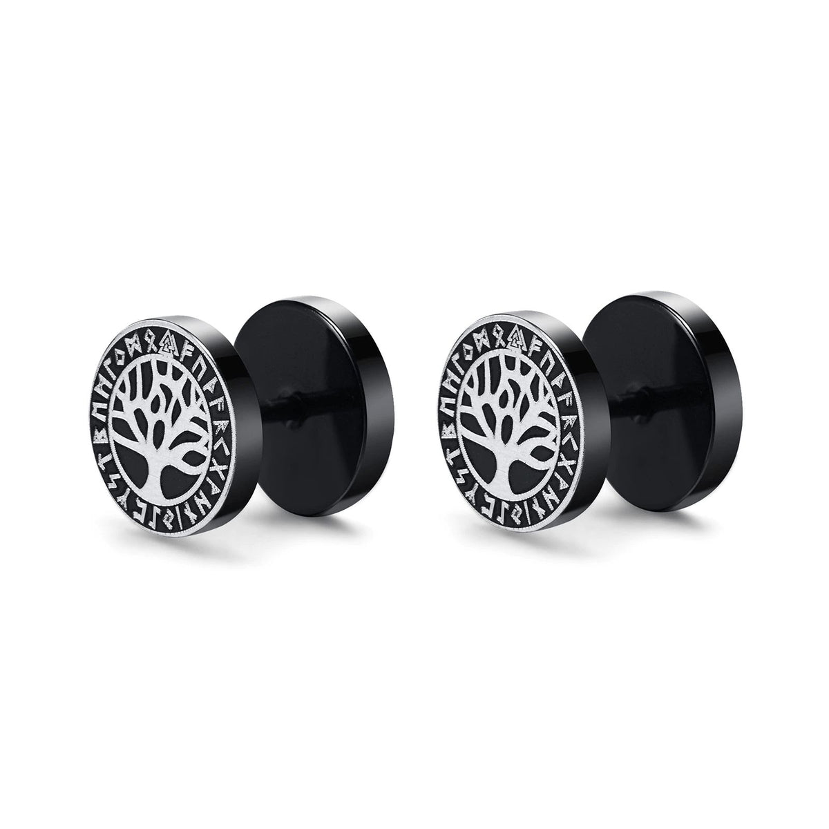 Viking Earrings with Norse Tree of Life Symbol - Black Studs-2