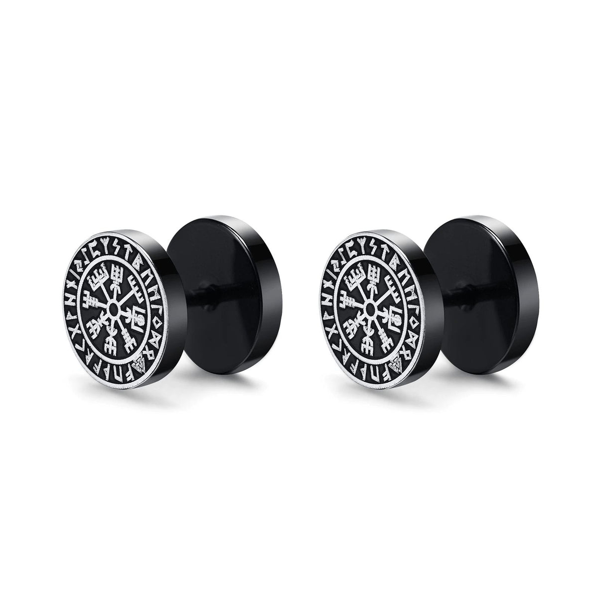 Viking Earrings with Norse Vegvisir Compass Symbol - Black Studs-2