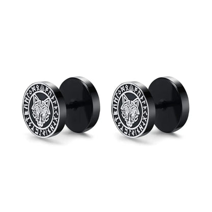 Viking Earrings with Norse Wolf Symbol - Black Studs-2