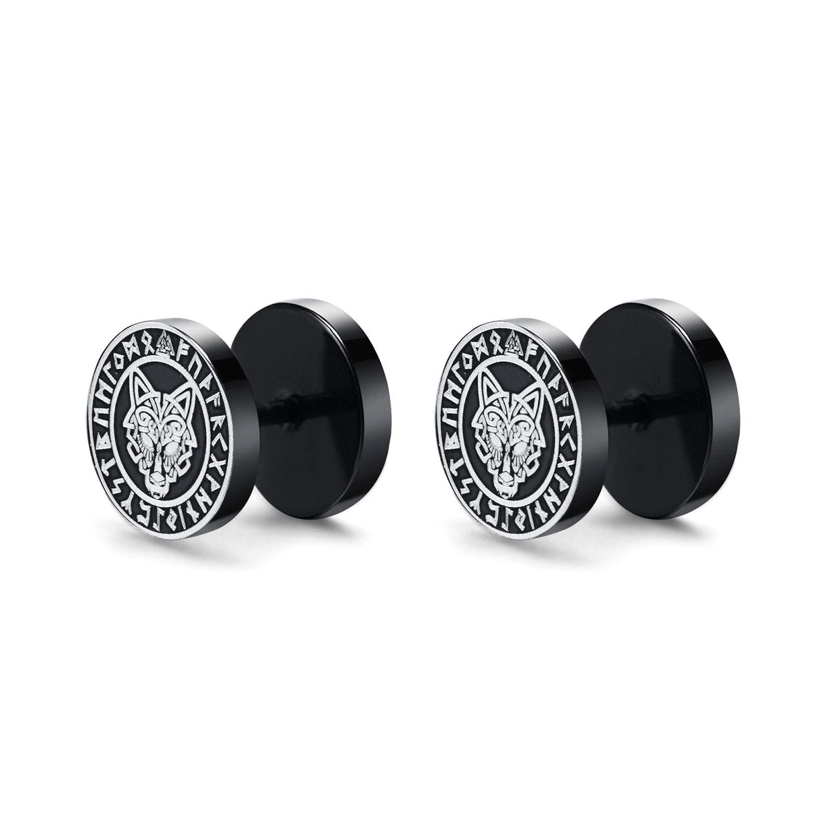 Viking Earrings with Norse Wolf Symbol - Black Studs-2