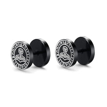 Viking Earrings with Thor's Hammer Symbol - Black Studs-2