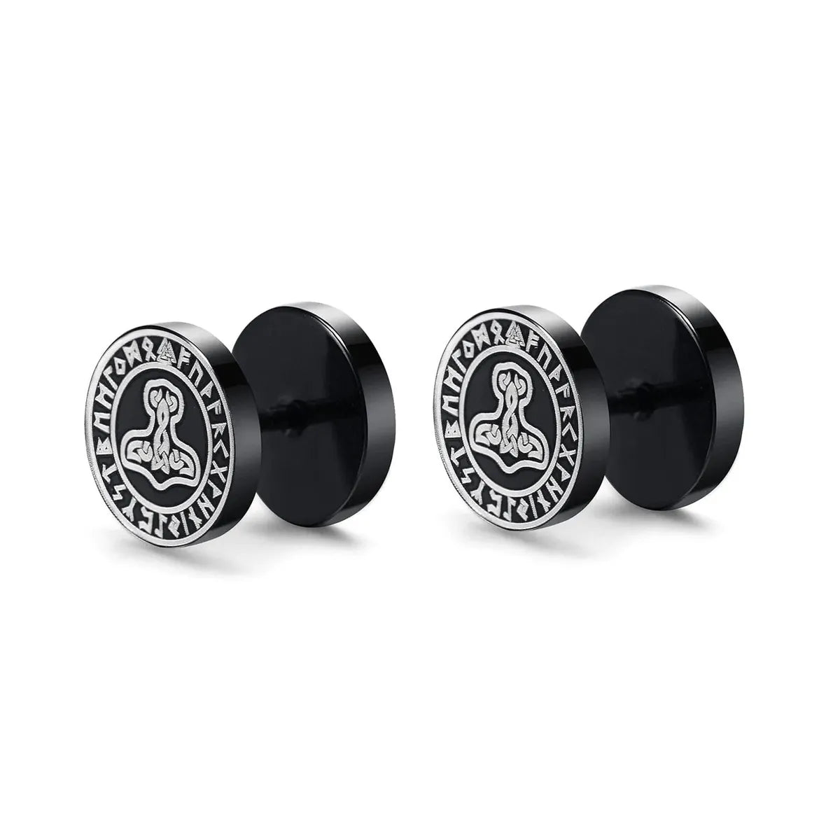 Viking Earrings with Thor's Hammer Symbol - Black Studs-2
