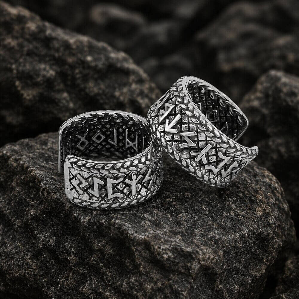 Viking Elder Futhark Rune Earrings featuring Open Cuff Band style - wide silver cuffs with engraved Norse runes and decorative borders