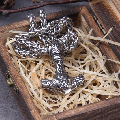 Viking Geri and Freki Wolf Head Thor’s Hammer Mjolnir Necklace