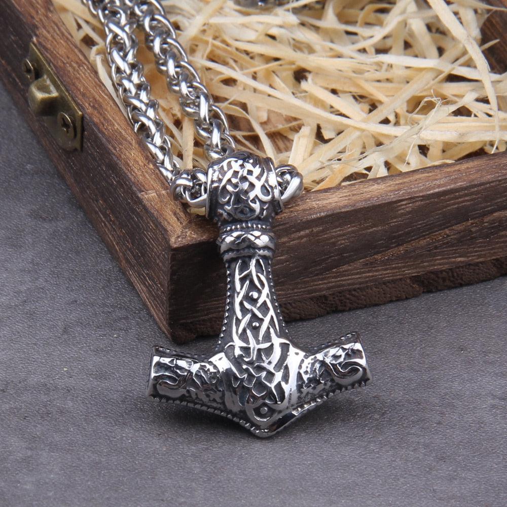 Viking Geri and Freki Wolf Head Thor’s Hammer Mjolnir Necklace