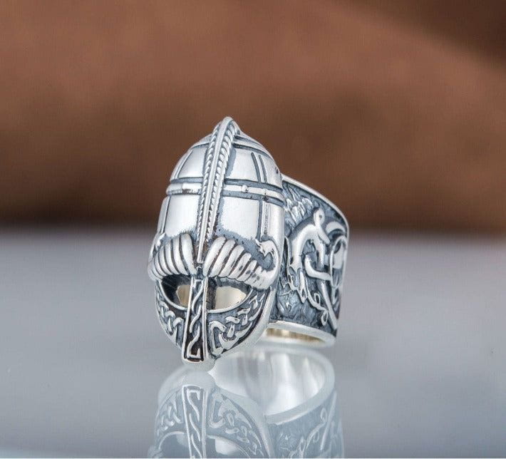 Viking Helmet with Ornament Sterling Silver Unique Ring-3