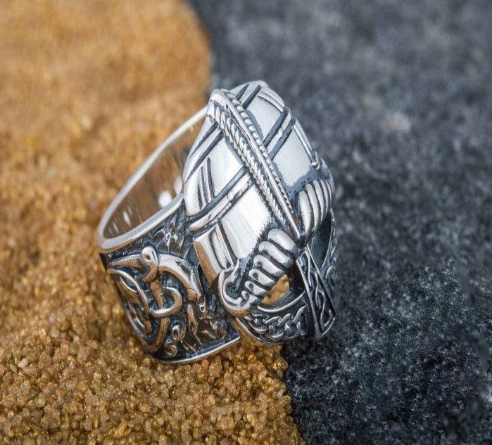 Viking Helmet with Ornament Sterling Silver Unique Ring-6