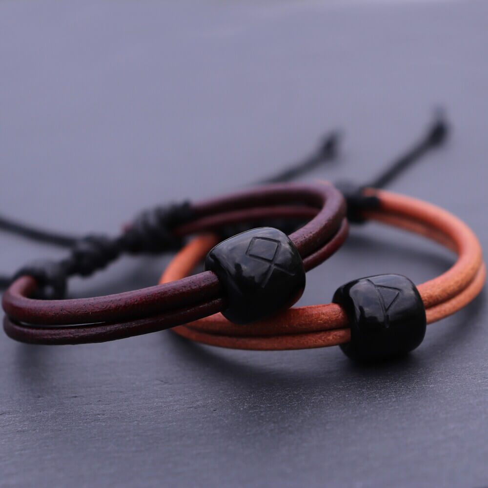 Viking Horn Rune Leather Bracelet - Orange