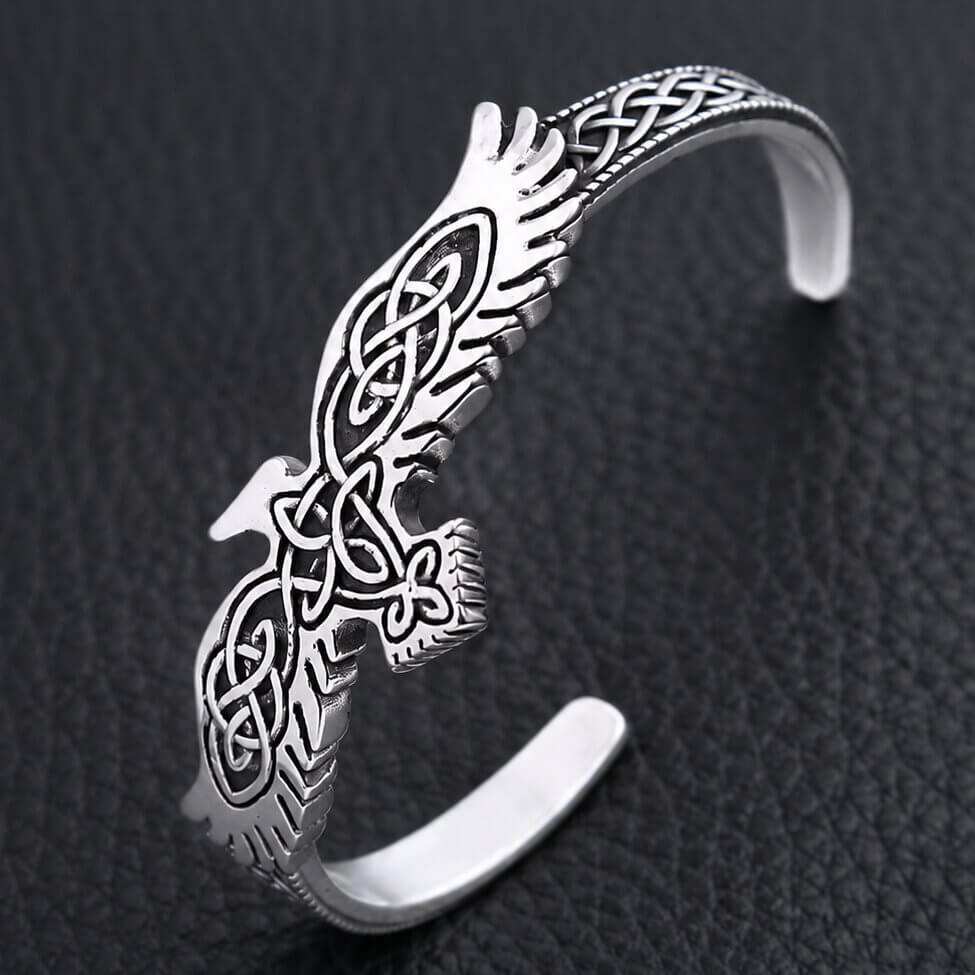 Viking Huginn & Muninn Cuff Bracelet featuring Celtic Knotwork - silver open cuff with Odin's twin ravens and intricate Celtic knot designs