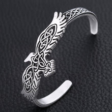 Viking Huginn & Muninn Cuff Bracelet featuring Celtic Knotwork - silver open cuff with Odin's twin ravens and intricate Celtic knot designs