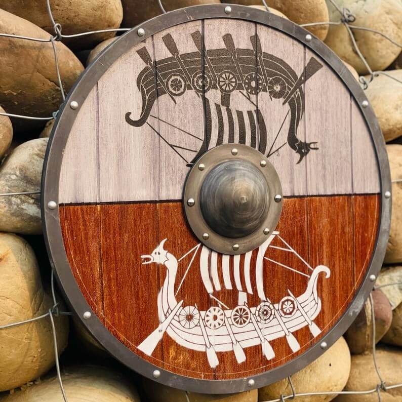 Viking Longship Round Shield | Dual-Tone Wood & Aluminum