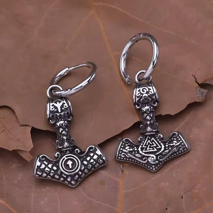 Silver Viking Mjölnir hoop earrings with Tyr's rune, Valknut symbol, and Thor's hammer detail
