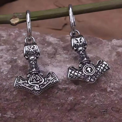 Viking Mjölnir Hoop Earrings | Tyr's Rune & Valknut Detail