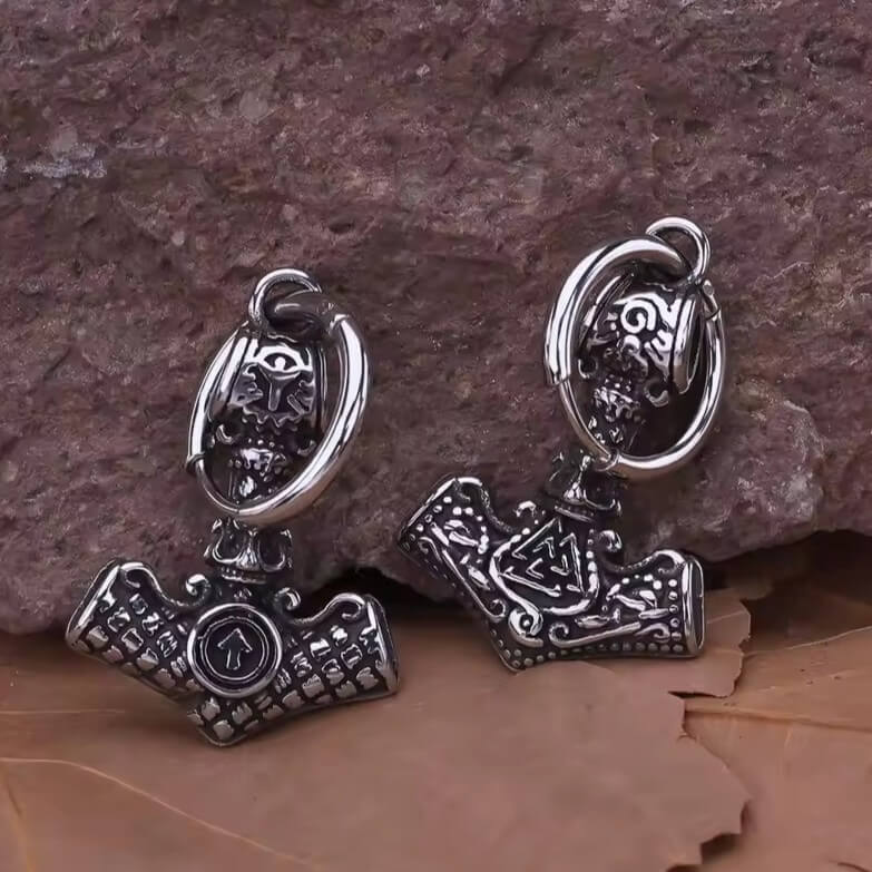 Viking Mjölnir Hoop Earrings | Tyr's Rune & Valknut Detail