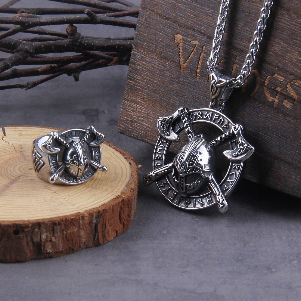 Viking Necklace And Ring Set - Helmet with Cross Axes-2
