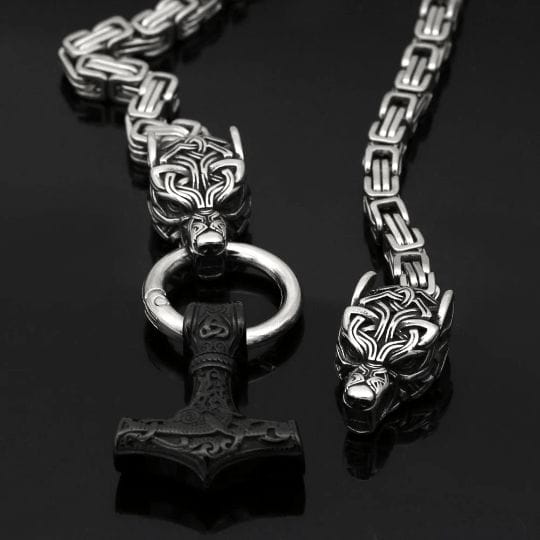 Fenrir Sun-Eater Wolf of Ragnarok Mjolnir King’s Chain from VikingWarriorShirts.com