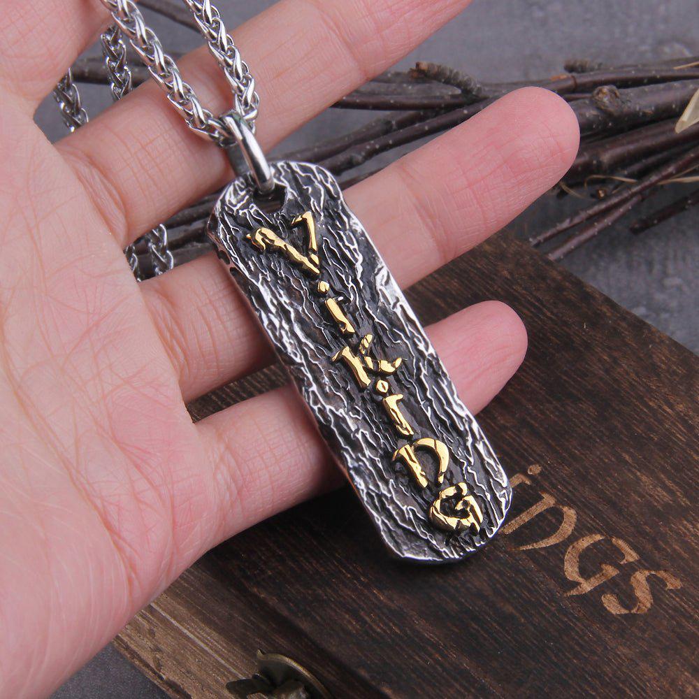 Viking Pendant and Link Chain Necklace With Wooden Box-10