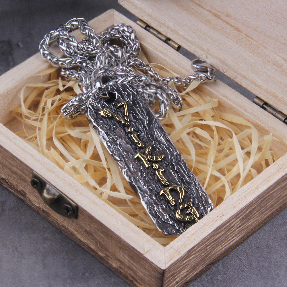 Viking Pendant and Link Chain Necklace With Wooden Box-5