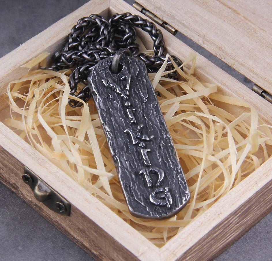 Viking Pendant and Link Chain Necklace With Wooden Box-6