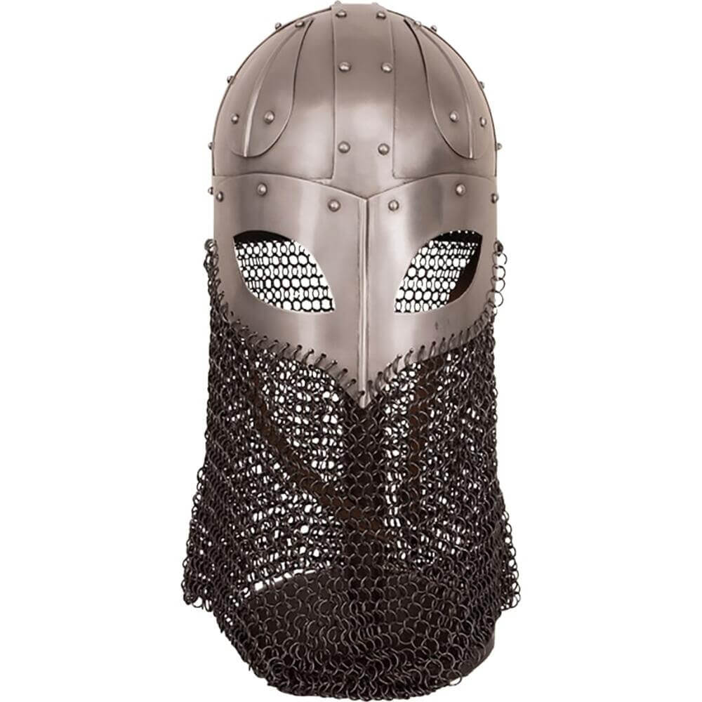 Viking Spangenhelm with full dark chainmail aventail, riveted steel construction.