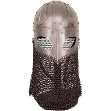 Viking Raider Spangenhelm with full chainmail aventail, featuring riveted steel plates and narrow eye slits for protection.