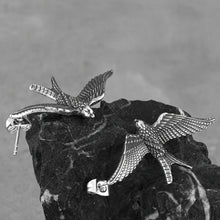 Silver Viking raven drop earrings with spread wings and feathered Huginn Muninn design