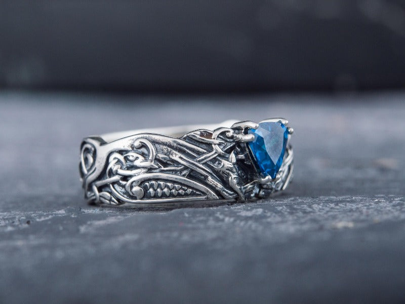 Viking Ring with Blue Gem Sterling Silver Jewelry-7